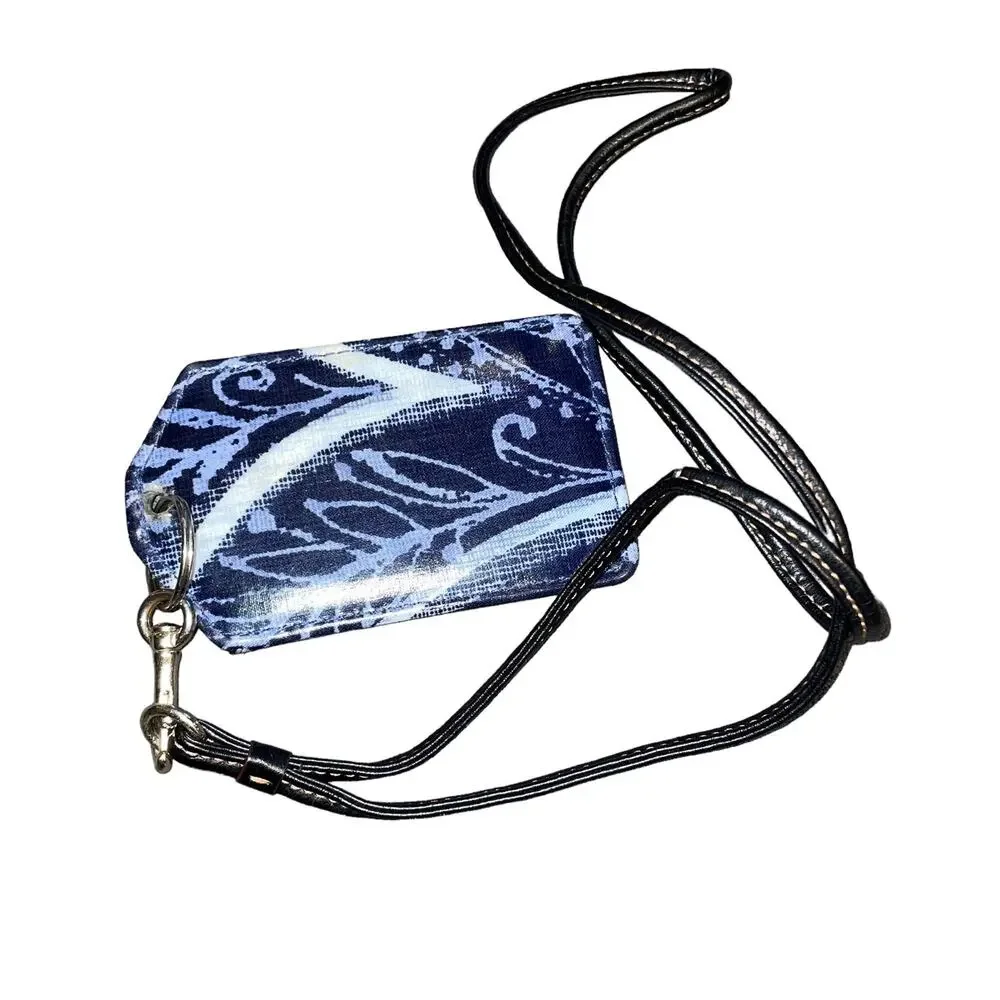 Vera Bradley Lanyard ID Case Card Wallet Indigo Plant Paisley Blue Quilted Fob